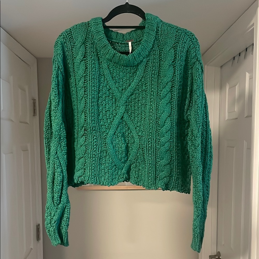Free People Green Crew Neck Cable Knit Sweater